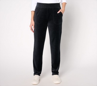 Denim & Co. Women's Petite Pants 1XP Active Velour Strght Leg Pant Black A673405