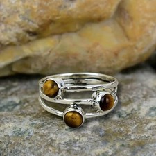 Tiger Eye Gemstone Minimalist Ring, 925 Sterling Silver Handmade Gemstone Ring