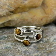 Tiger Eye Gemstone Minimalist Ring, 925 Sterling Silver Handmade Gemstone Ring