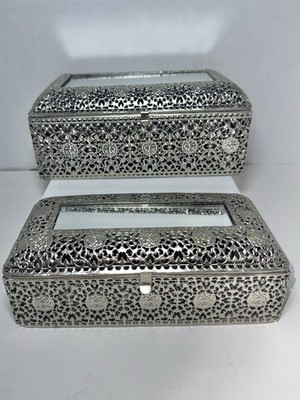 Set of 2 Silver Metal Floral Rectangular Decorative Boxes, Lidded Mirrored Tops