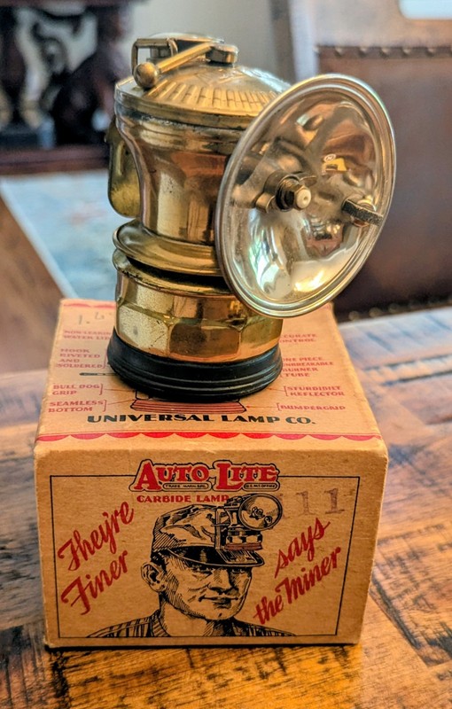 Vintage AUTO LITE Brass Carbide Mining Lamp w/Box NEVER USED!