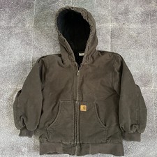 Boy's Carhartt Chocolate Brown Quilt Lined Canvas Hooded Active Jacket Sz M 10 