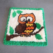 Vintage 1970s Finished Latch Hook Rug - Retro Shaggy Owl Wall Hanging