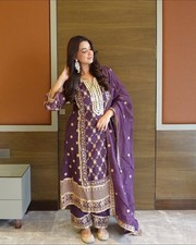 Indian Look Heavy Pure Chinon Purple Top Palazzo With Dupatta For Wedding Wear