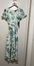 Tahari Teal/Ivory Country Toile Print Flutter Midi Dress Size 4 NWT Tie