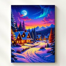 Magical Winter Cabin Village Canvas Vibrant Twilight Snow Landscape Step Into