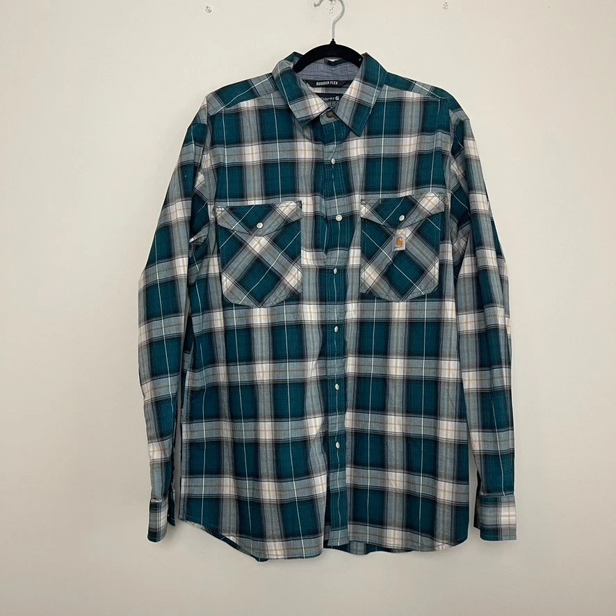 Carhartt Rugged Flex Plaid Relaxed Fit Flannel Button Up Durable Workwear Long