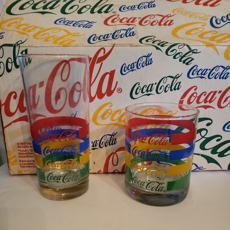 Vintage Set Of Striped Coca-Cola Glasses -   One Short Glass Broken-In Orig Box