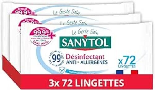 Sanytol Lingettes Désinfectantes Multi-Usages Anti-Allergène Lot de 3 Paquets de 72 Pièces