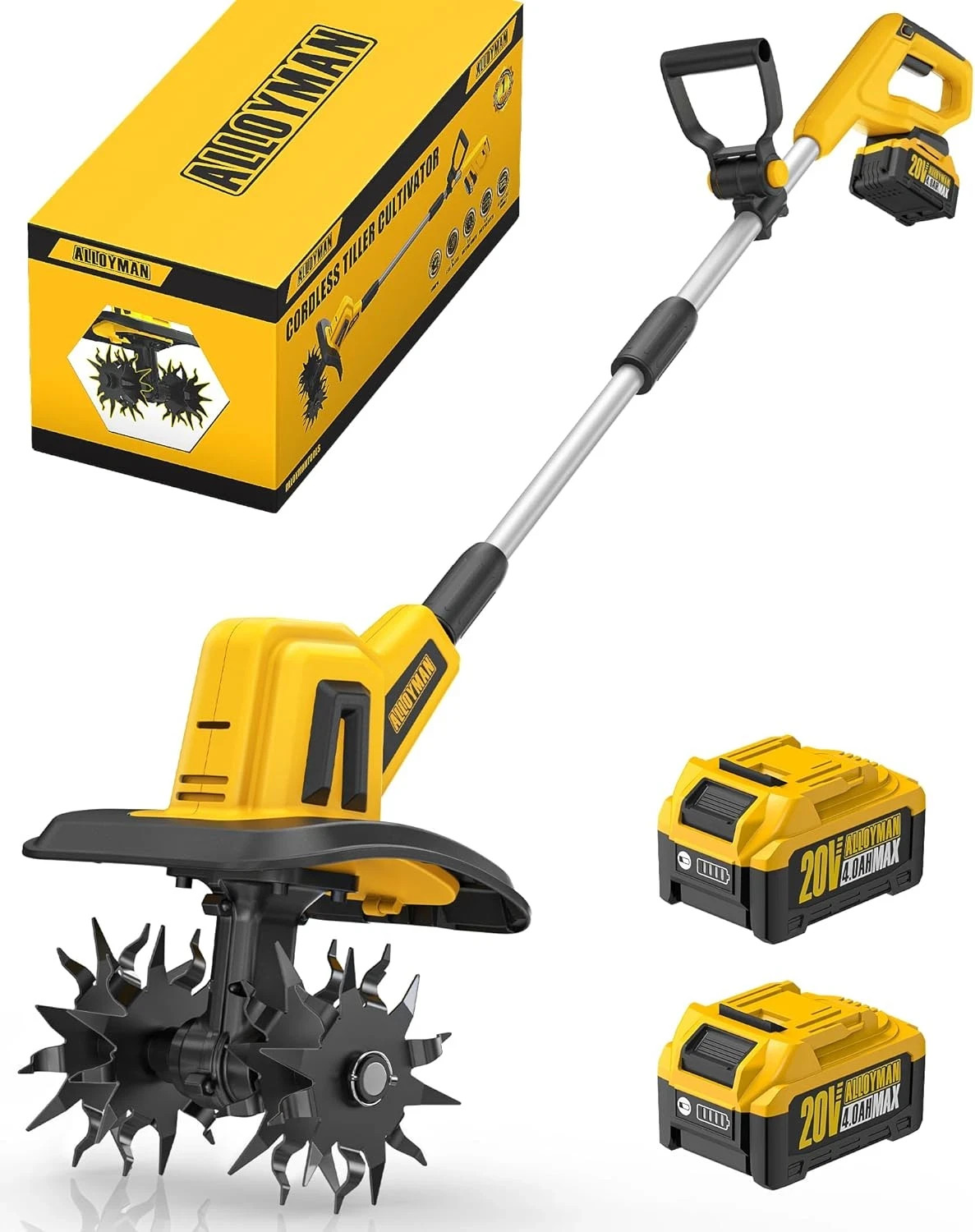 20V Cordless Tiller Cultivator, 360RPM Electric Garden Tiller, with 2 * 4.0Ah