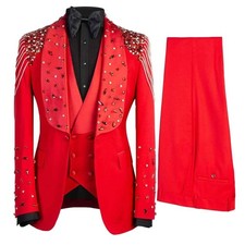 Rhinestone Pearl Suits For Men Shawl Lapel Slim Fit Cocktail Party Party Formal