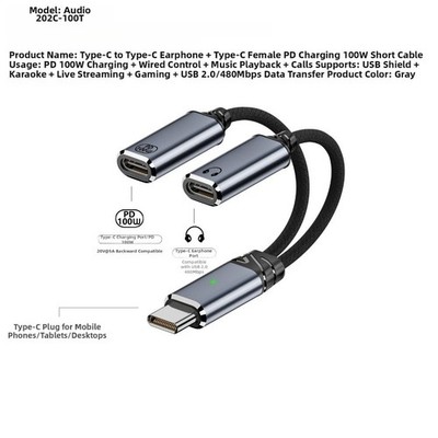 TypC Kopfhörer Adapter Kabel Dual Port für 100W Fast Charge und Audio