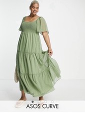 ASOS DESIGN Green Polka Dot Smocked Tiered Midi Dress Plus Size 18