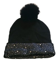 Steve Madden Black Beanie Hat with Rhinestones and Pom Pom Women's Winter Warm