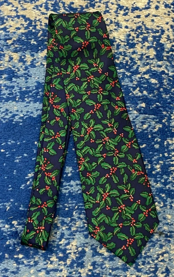 Шелковый галстук Alynn «Holly» синий зеленый красный золотой черный белый рождественский праздник США - Изображение 2 из 4