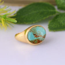 Huge Oval Kingman Turquoise Dome Ring Sterling Silver Gold Mens Chunky Ring