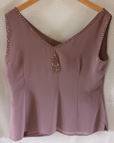 NEXT Plum Sequin Bead Chiffon Lined Sleeveless V Neck & Back Occasion Top UK M - Picture 2 of 14