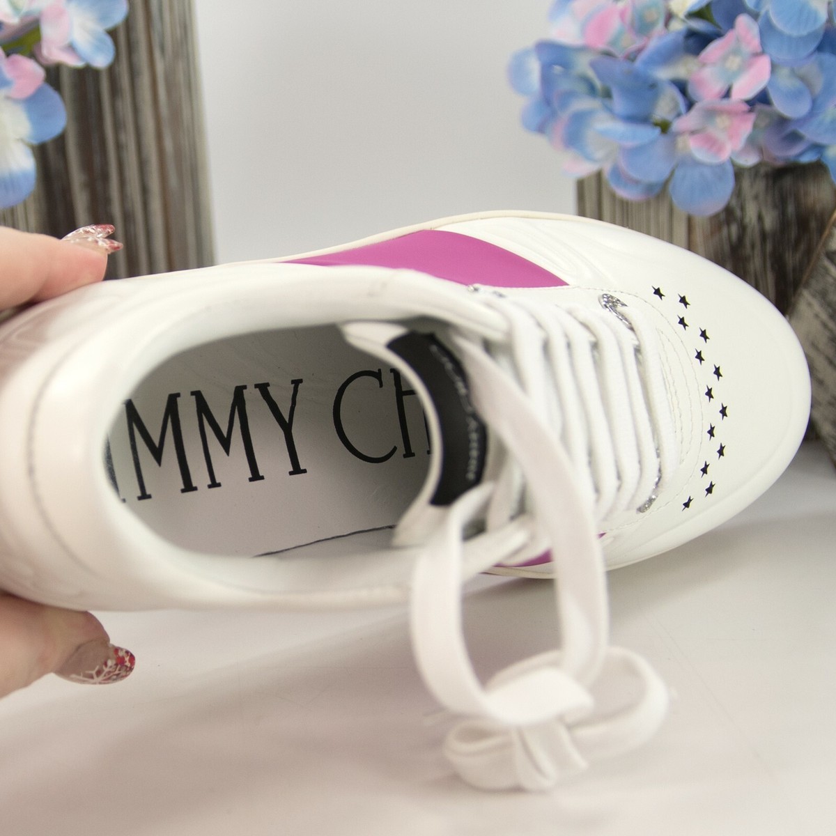 Jimmy Choo Hawaii Fuchsia Stripe Leather Flatform Sneakers 38 NIB