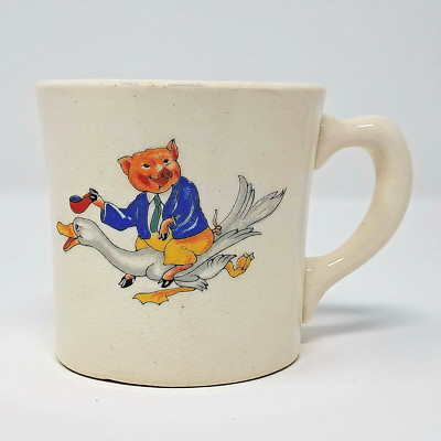 Vintage Ceramic Child's Mug Pig Riding Goose 5 fl oz heavy off-white unmarked