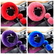 3PCS Set Soft Plush Car Steering Wheel Cover Winter Furry Fluffy Auto Accessory