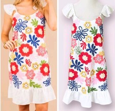 Andree Floral Dress Large Linen Blend White Multi Color Ruffle Straps Shift Boho
