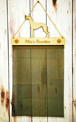 Personalised Greyhound Dog Puppy Rosette Holder Oak Veneer Fabric Mesh Hanger - Picture 2 of 7