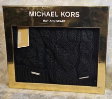 Michael Kors Hat & Scarf Boxed Set Cable Knit Black, Warm & Cozy FREE SHIPPING!
