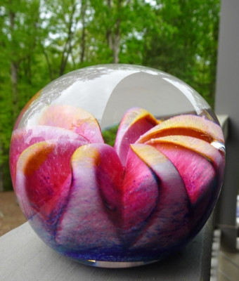 Signed 2003 Epiphany Studio Art Glass Pink Ruby Fruit Paperweight