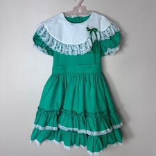 Vintage 1980s Green Frilly Dress Kid  s Avenue Size 10 Full Circle Skirt Pageant