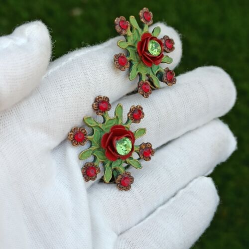 Michal Negrin Clip Earrings Red Rose Flower Green Leaves Crystals Large Button - Picture 1 of 14