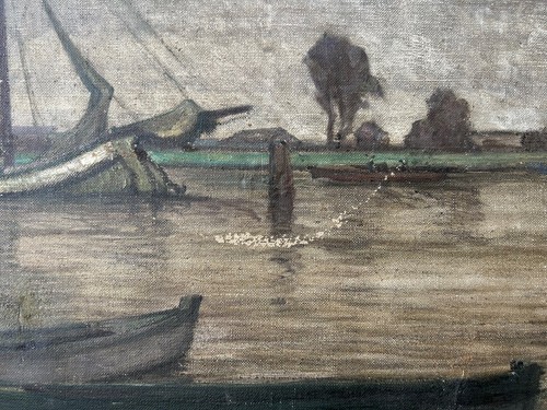 Ölbild Erich Grube Berlin Frankfurt Flusslandschaft mit Booten 60,5 x 75,5 cm - Bild 10 von 18