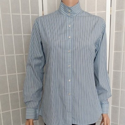 **Beacon Hill Blue WMNS Striped Dress Shirt W/ Button Cuff Sleeves Mock Collar