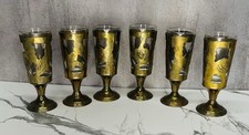 Mexican Brass Overlay Rose Filigree Shot Glass Lined Cordial Set Of 6