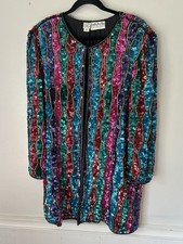 VTG Judith Ann Plus Sequin Jacket 1X Silk Hand Beaded Rainbow Duster 80s Glam