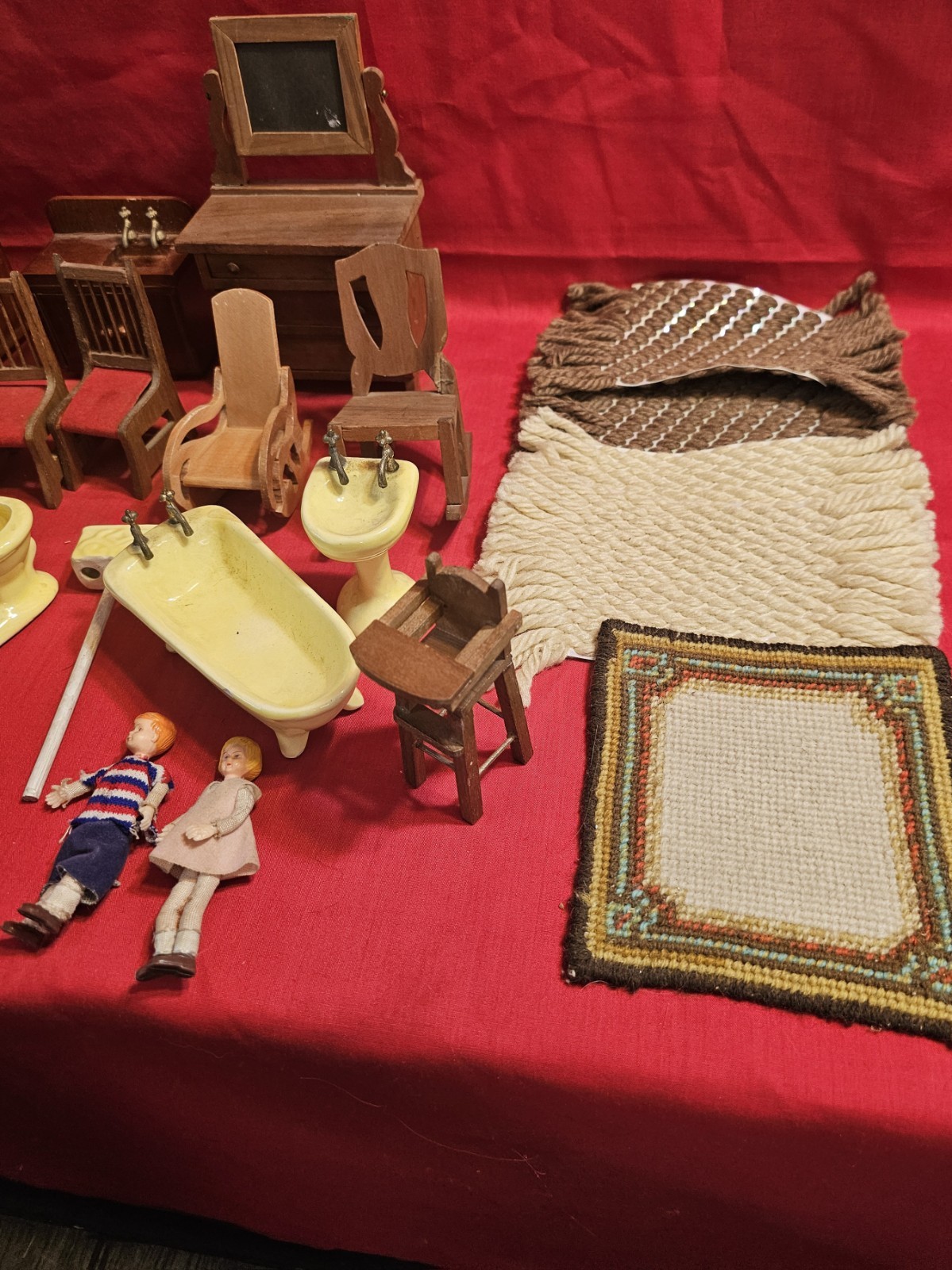 Vintage Mixed Lot Miniature Doll House Furniture & Dolls Wood Cast Iron Taiwan