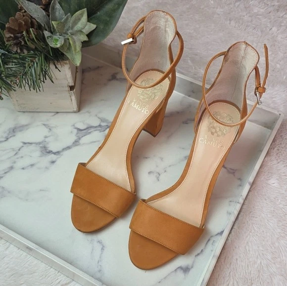 Vince Camuto Talla 8 Corlina Marrón Camel Punta Abierta Tacón Bloque Gamuza Cuero Neutro Foto 3 de 4