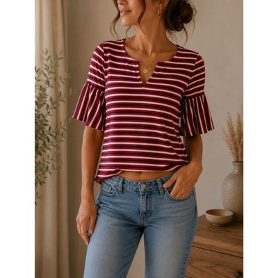 Ruby Rd. Small Cotton Stretch Bell Sleeve Top Split Neck Soft Casual