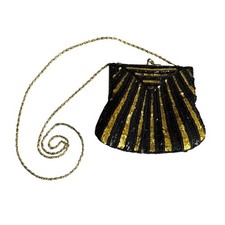 Vintage Art Deco Beaded Sequin Evening Bag Black Gold Hand Made in Hong Kong