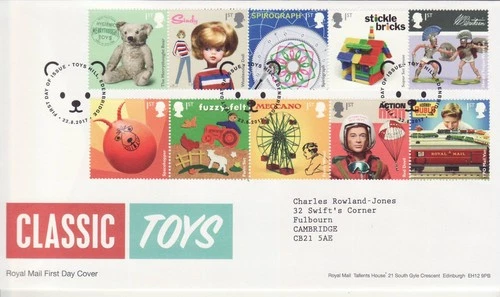 GB Stamps First Day Cover Classic Toys, Meccano, teddy bear, Hornby SHS 2017