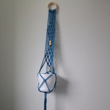 Macrame Plant Hanger, Blue, 32", Cotton, Wood Beads, Handmade