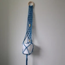 Macrame Plant Hanger, Blue,  32", Cotton, Wood Beads, Handmade 