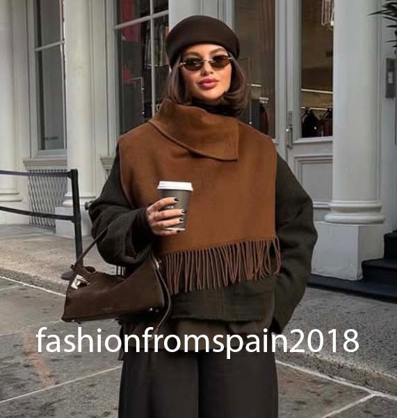 ZARA NEW WOMAN ASYMMETRIC SHORT WOOL FRINGED CAPE TOFFEE ONESIZE