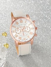 LADIES WATCH - White Face - Golden Rose Tone Case - White Faux Leather Strap