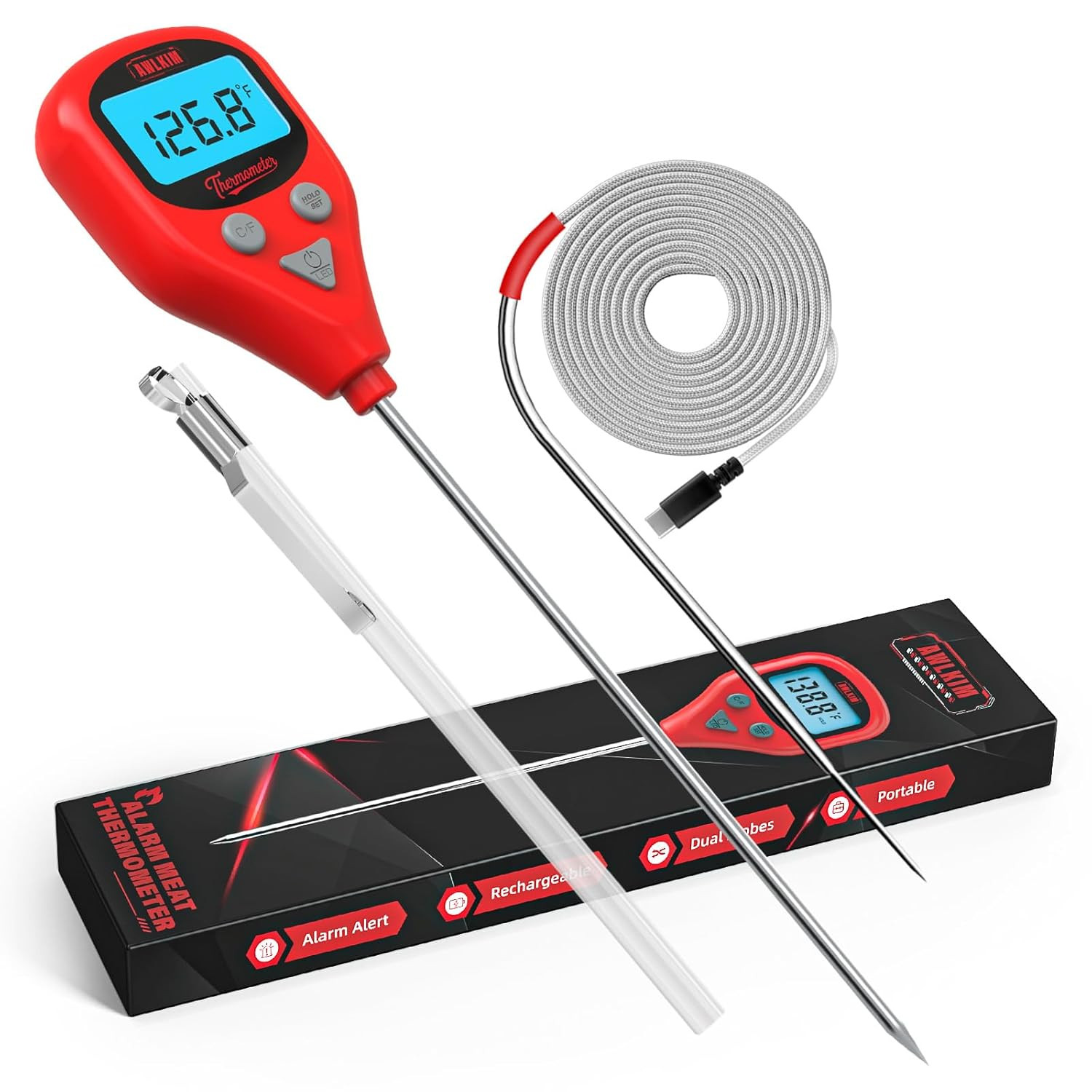 Rechargeable Digital Meat Thermometer with 3.3ft External Probe, Warning Alert,