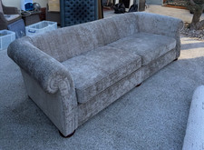 Traditional Rolled-Arm Upholstered Sofa – Neutral Grey Fabric – Good Condition