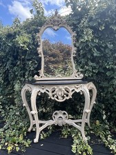 Vintage Rococo French Style Ornate Off White Mirror & Marble Top Console Table