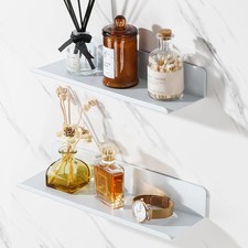 White Floating Shelves for Wall Storage, 12 Inch Adhesive Wall Shelves for Be...