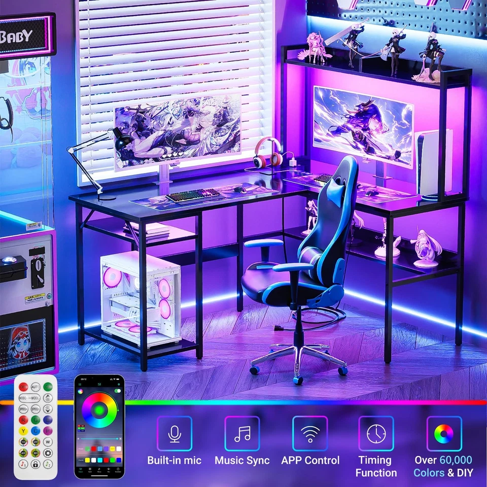 Escritorio para ordenador en forma de L con funda y estantes de almacenamiento, escritorio para juegos con luz... Foto 2 de 4