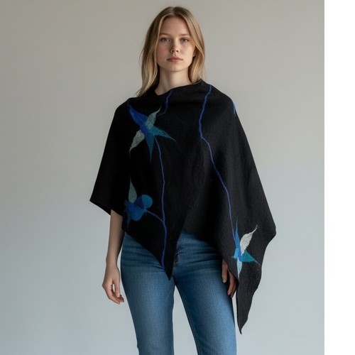 PalMi Felted Scarf Black Blue Teal Floral Nuno Felt Wool Shawl Wrap Handmade
