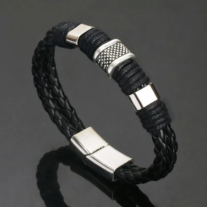Pulsera envolvente de cuero para hombre hecha a mano tejida broche magnético suave joyería en capas Foto 2 de 4